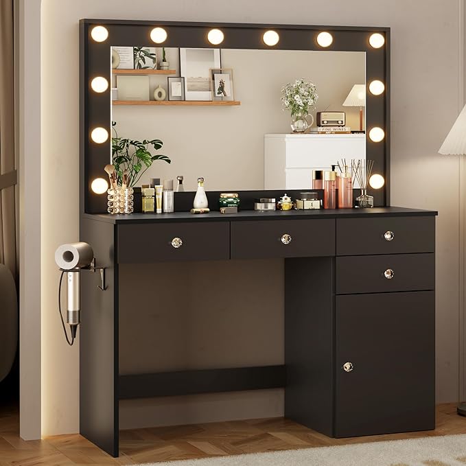 Vanity Desk with Mirror and Lights, 41.4'' Makeup Vanity Desk with 4 Drawers and Large Cabinet, 3 Lighting Modes Adjustable Brightness, Black Vanity with Power Outlet for Bedroom