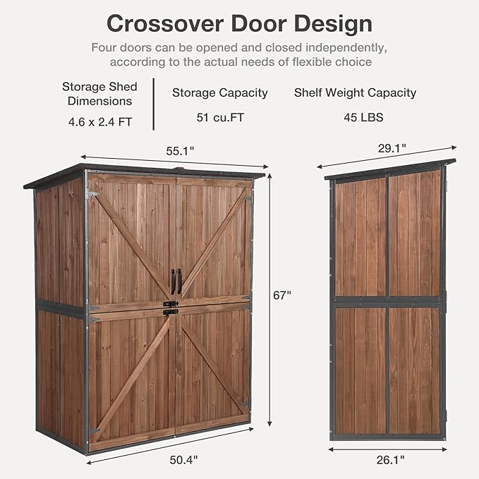Outdoor Storage Shed with Floor - Waterproof Natural Fir Cabinet with Adjustable Shelves and Double Lock for Anti-Theft - Suitable for Storing Garden Tools, and Household Debris (Deep Brown)