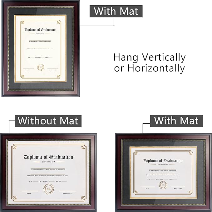 GraduatePro 8.5x11 Diploma Frame with Black Over Gold Mat or Display 11x14 Document Without Mat, CPA License Frame, UV Protection Acrylic, Mahogany with Gold Beads