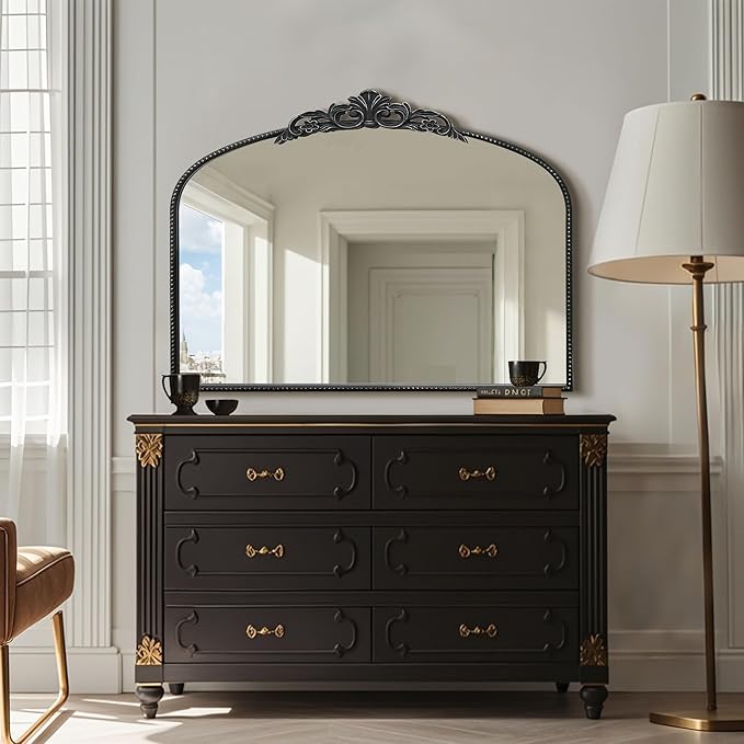 Micasso Black Large Vintage Mirror, 40"x 30" French Baroque Antique Arched Wall Mounted Mirror Decorative Ornate Entryway Mirror for Wall Decor, Living Room, Hallway