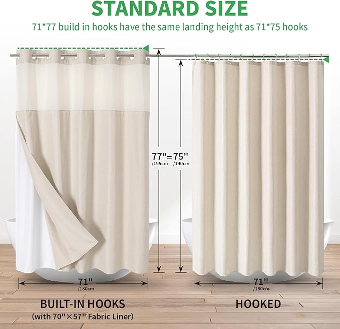 No Hooks Needed Linen Textured Shower Curtain with Snap-in Fabric Liner Set,Cream Hotel Luxury Decor Shower Curtains for Bathroom,Waterproof & Washable,71Wx77H