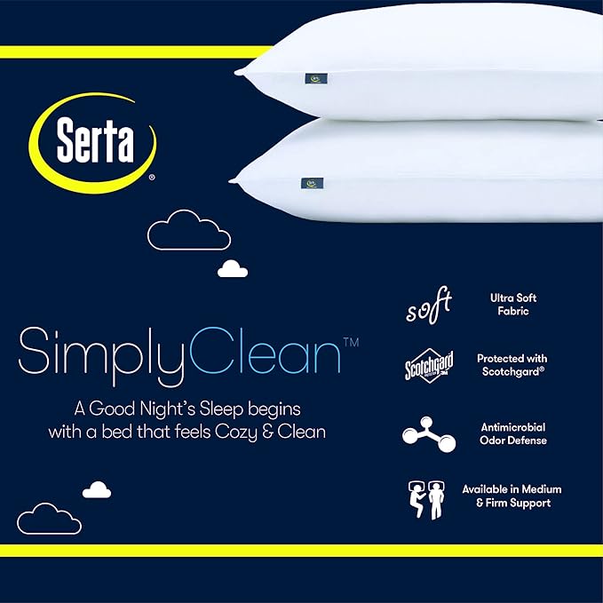 Serta Simply Clean Soft Stain-Resistant Down Alternative Soft/Medium Bed Pillows for Sleeping (2 Pack), King, White