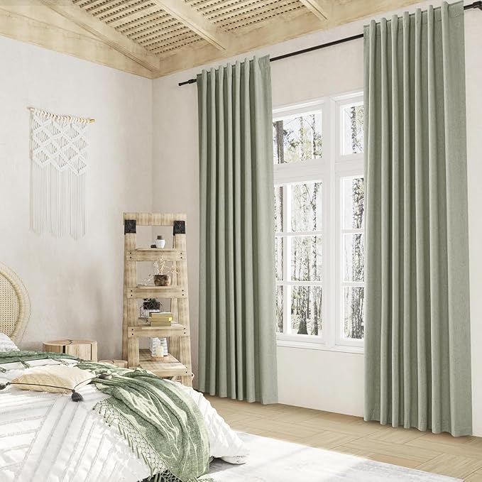 Guken 100% Blackout Linen Curtains 42 Inch Wide by 80 Inch 2 Panels Set for Living Room Bedroom Back Tab Thermal Insulated Black Out Linen Drapes Room Darkening Window Curtains, Sage Green