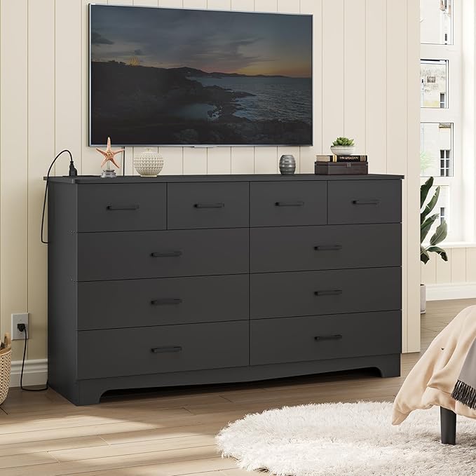 DICTAC Black Dresser for Bedroom with 10 Drawers, Large Chest of Drawers Storage Organizer, Long Dresser TV Stand with Power Outlets, Wide Dressers for Bedroom, Living Room 55.1" W x 32.3" H x 15.8" D