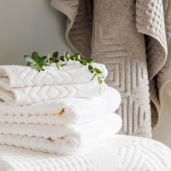 Texere 100% Organic Cotton Diamond Jacquard 700 GSM Luxury Bath Towel Sets - 2 Large Bath Towels, 2 Hand Towels, 2 Washcloths (Diamond, Oxford Tan, 6 Piece)