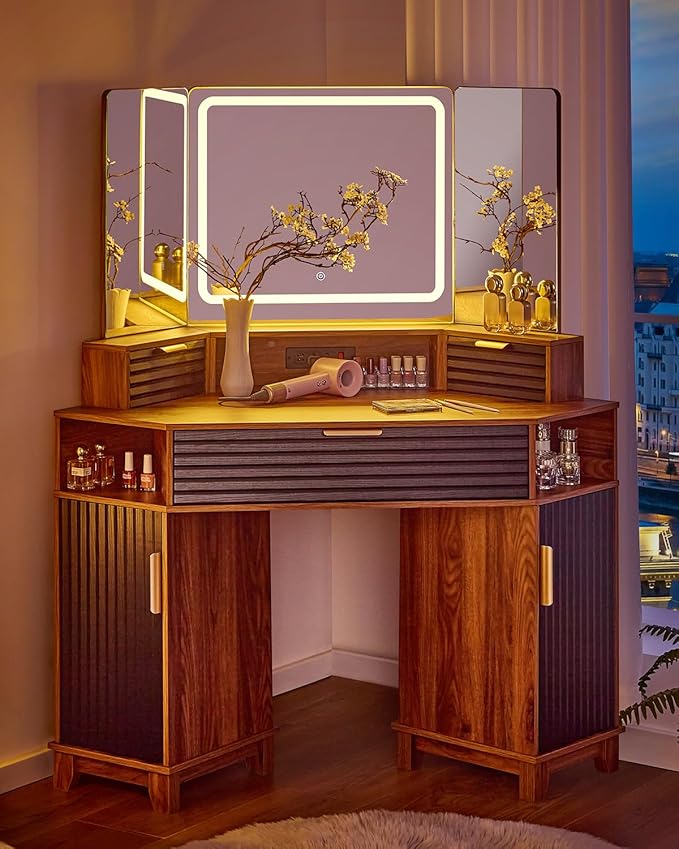 AOGLLATI Large Fluted Corner Vanity Desk with HD Triple Mirror and Lights, Makeup Vanity Desk with 3 Drawers & 3 Cabinets, Modern Dressing Table with Charging Station for Bedroom, Black