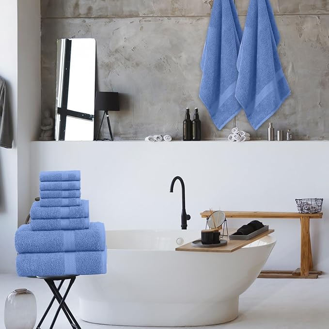 Pack of 8 Towels Set, 2 Large Bath Towels, 2 Hand Towels, 4 Wash Cloths, 100% Cotton, Lighter Weight, Quicker to Dry, Super Absorbent, Perfect for Bathroom (Blue)