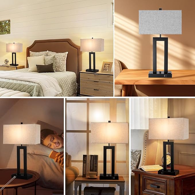 Modern Table Lamps Set of 2-22" Tall Bedside Lamps with USB-C/USB-A Charge Ports & Outlet, Stepless Dimmable Fabric Gray Shade Nightstand Lamps for Bedroom & Living Room
