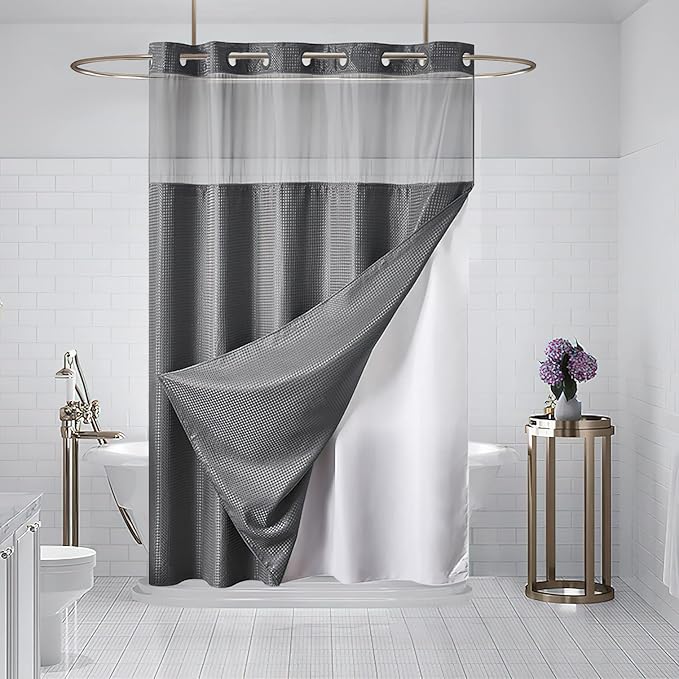 Furlinic Dark Grey Small Stall No Hook Shower Curtain with Snap in Liner,Waffle Weave Heavy Duty Fabric Waterproof Bathroom Curtains,Washable Shower Curtain Set with See Through Window 36x72 Inch