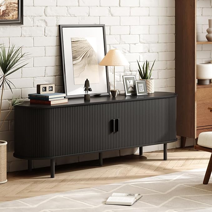 63" TV Stand with Power Outlet for TVs up to 70 Inch, Entertainment Center with Storage and Adjustable Shelves, Modern Media Console with Sliding Doors for Living Room, Black