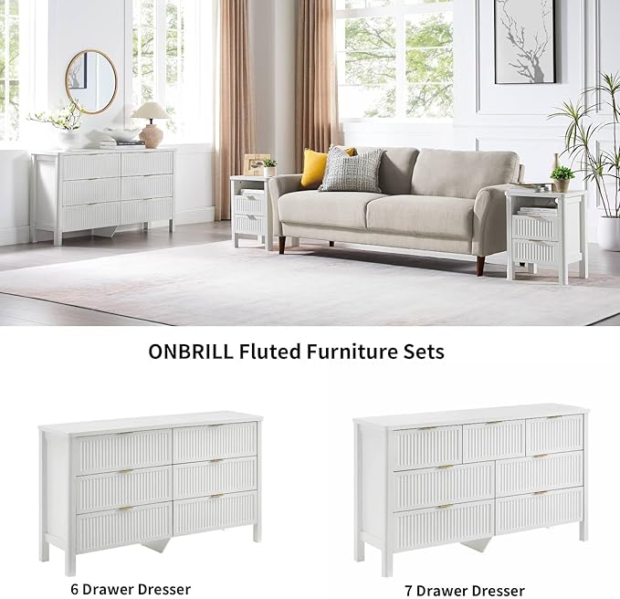 Fluted 6 Drawers Dresser for Bedroom, 55 Inch Wide Modern Wood Chest of Drawers, Mid Century Chests Drawer Clothing Organizer for Hallway (White)