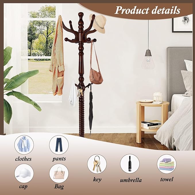 Wooden Coat Rack Freestanding, Vintage Coat Racks with Sturdy Round Base, Adjustable Height 37.40"-72.83" Entrance Coat Rack for Bedroom Living Room Entryway (Vintage Circular)