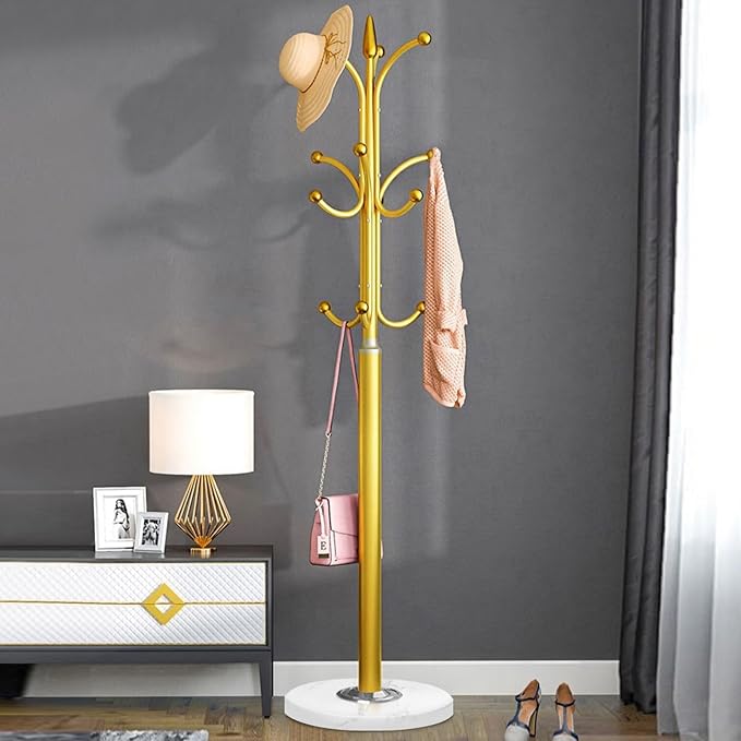 Metal Coat Rack Stand with Natural Marble Base, Coat Rack Freestanding, Free Standing Hall Tree with 12 Hooks for Hanging Clothes, Bags, Scarfs, Coat Hanger for Entryway, Hallway (Gold)
