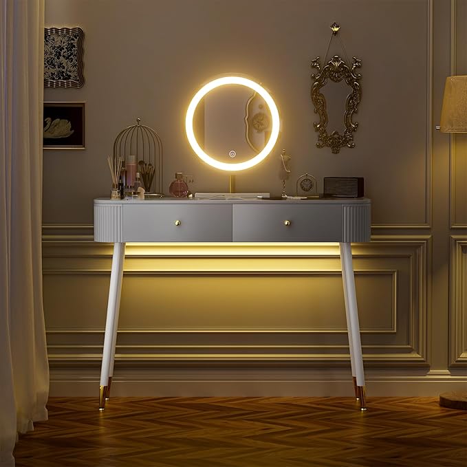 WinZo 40" Vanity Desk with Mirror and Lights, Small Makeup Vanity Table with 2 Storage Drawers and Charging Station, 3 Color Touch Screen Stylish Dressing Table for Small Spaces & Bedroom, Gray