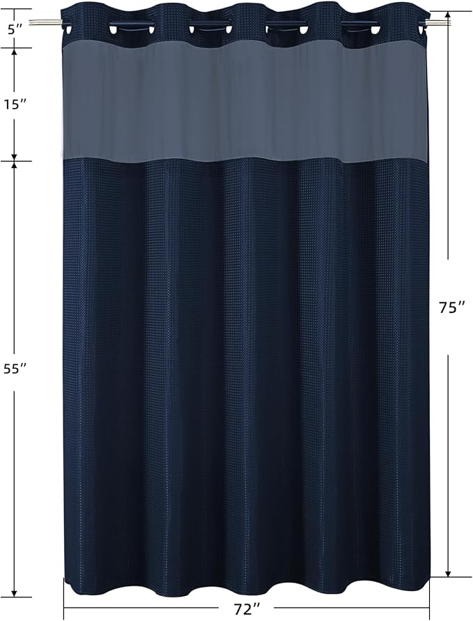 Colorful Star No Hook Shower Curtain with Snap in Fabric Liner, Waffle Weave Heavy Duty Thick Shower Curtains with Mesh Top Window, Hotel Style Waterproof Bathroom Curtain Set, 72 x 75 Inch, Navy Blue