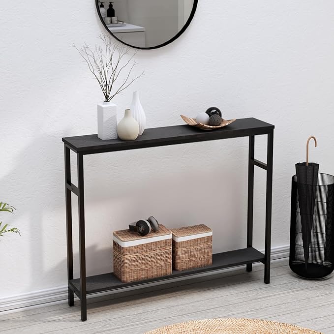 Narrow Console Table, 39.4” Sofa Table with Adjustable Shelf, 2-Tier Long Skinny Table for Hallway, Entryway, Living Room, Foyer, Black