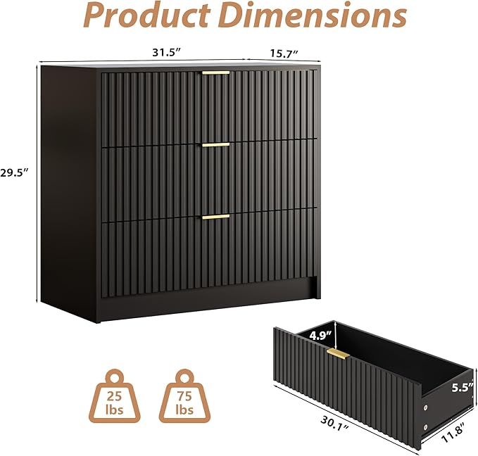 3-Piece Dresser Bedroom Set, 9 Drawer Dresser & 3 Drawer Nightstands with Gold Handles, Fluted Wood Chest of Drawers for Bedroom, Living Room, Entryway, Black
