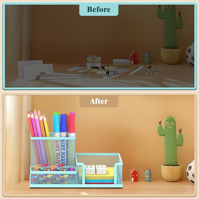 SUPEASY Mesh Pen Holder Desk Organizer, Office Supplies Pencil Storage with 3 Compartments, Office Desk Accessories and Workspace Organizers for Home School, Blue