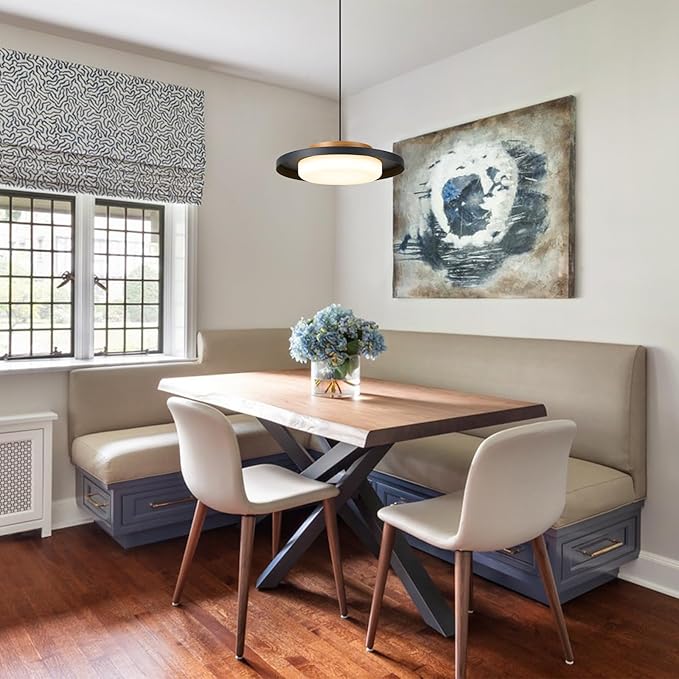 Dimmable Pendant Lights,15 inch,Natural Wood Cap,3000K/Warm White/22W,LED Pendant Light Fixtures for Kitchen, Dining Room, Living Room,Black