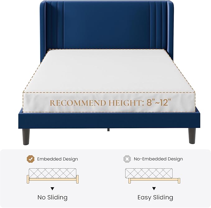 SHA CERLIN Queen Size Velvet Upholstered Platform Bed Frame with Vertical Channel Tufted Wingback Headboard, Wooden Slats Support, Easy Assembly, Under Bed Storage, No Box Spring Required, Blue