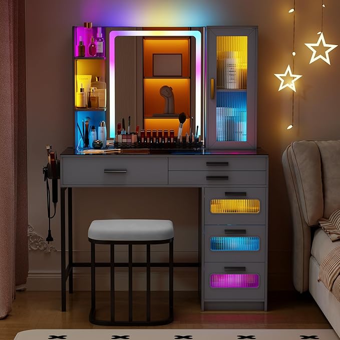 Vanity Desk with Mirror and RGB Lights,Glass top Makeup Vanity Table Set with Stool & Charging Station, Dressing Table with RGB Cabinet,6 Drawers,Lipstick Grid for Bedroom,Grey