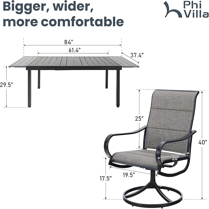PHI VILLA 9 Piece Patio Dining Set, Outdoor Table and Chairs Set for 8 with Padded Swivel Patio Dining Chairs & Large Expandable Table for Lawn Garden