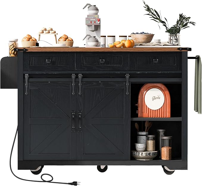 Kitchen Island with Power Outlet & Drop Leaf, 54" Kitchen Rolling Island on Wheels with Spice Rack & Towel Rack, Kitchen Island Cart with Storage, Black