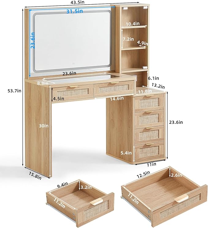 LEYAOYAO Rattan Vanity Desk with Mirror and Lights, 43.5'' Boho Makeup Vanity with 6 Drawers and Adjustable Shelves, Natural Wood Make Up Vanity Dressing Table with Glass Top, Power Outlet for Bedroom