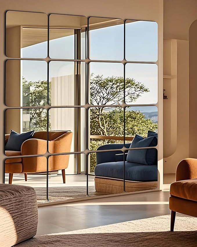 12" x 12" Glass Wall Mirror Tiles for Wall, Frameless Full Length Mirrors Wall Mounted for Home Gym Mirror Yoga Bedroom Dancing Studio Dressing Room (16PCS)