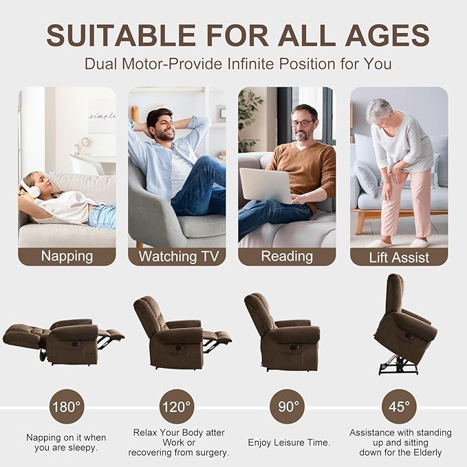 CDCASA Dual Motor Lay Flat Lift Chairs Recliners for Elderly with Massage and Heat, Upgraded Chenille Infinite Position Large Sleeping Electric Power Lift Chair Recliner for Seniors, Set of 2,Brown