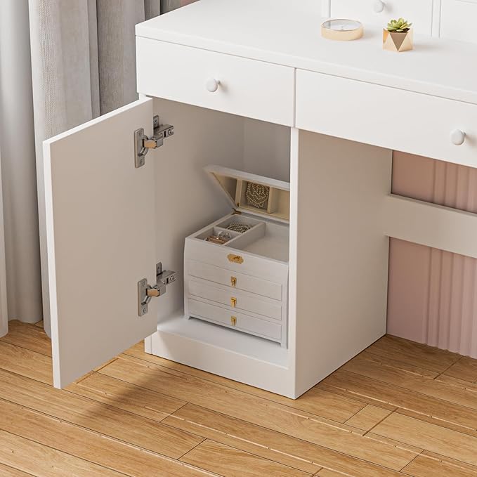 Makeup Vanity Desk with Mirror and Led Lights,Makeup Desk with Lights 3 Colors,Makeup Vanity with 5 Drawers&3 Shelves, Vanity Table with Stool and Power Outlet, Vanity Set for Bedroom,White