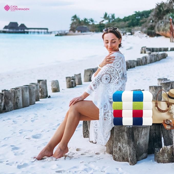 CASA COPENHAGEN Cabana Beach Towel Designed in Denmark Rough and Tough, Quick Dry, Pool, Bath & Shower 30x60 inches 4 Pieces Cotton Beach Bath Towels Set - Turquoise, Green, Pink, Royal Blue