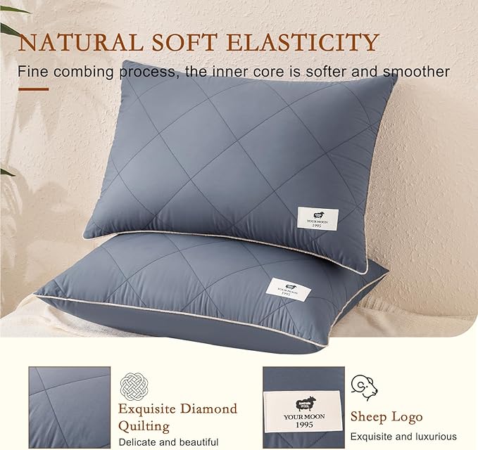 YOUR MOON Organic Wool Pillow Queen Size Set of 2, Soft Support Bed Pillows for Sleeping, Luxury Down Alternative Pillow for Side & Back Sleepers, 100% Cotton Cover, Natural Wool Filling (Gray)