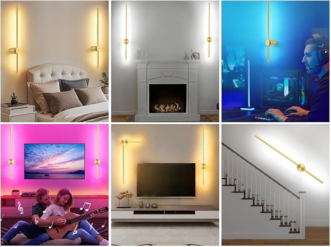 23.6 Inch Battery Operated Wall Sconce, 12000mAh Rechargeable Wall Sconce with Remote Control, Dimmable LED Wireless Wall Light for Bedroom, Living Room, 15 Colors, 180ยฐ Rotate, Gold, 1 Pack