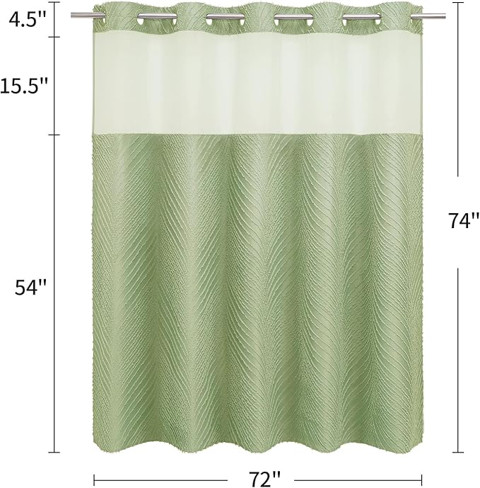 No Hook Sage Green Boho Shower Curtain and Liner Set, Modern Cloth Shower Curtain with Snap in Liner, Hotel Style with See Through Top Window Shower Curtains for Luxury Bathroom Decor, 72x74