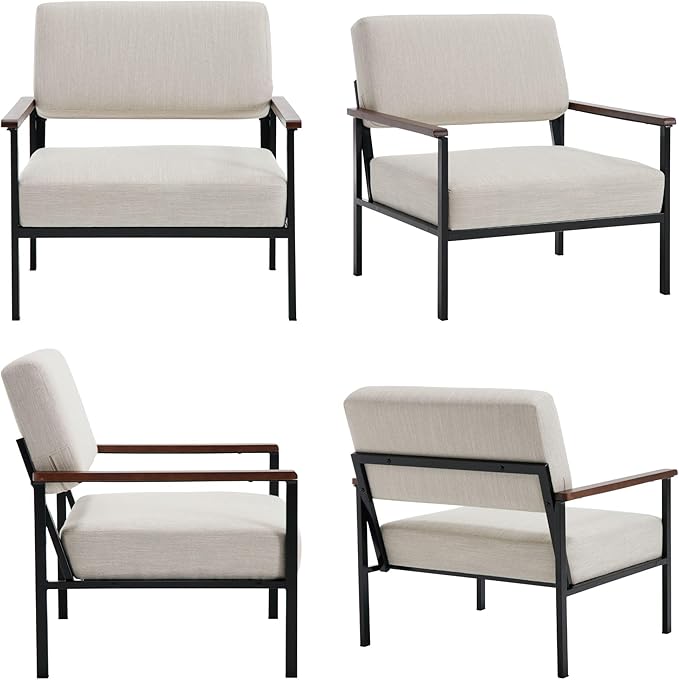 Mid Century Modern Accent Chair Arm Chairs, Comfy Armchair Linen Upholstered with Black Metal, Beige