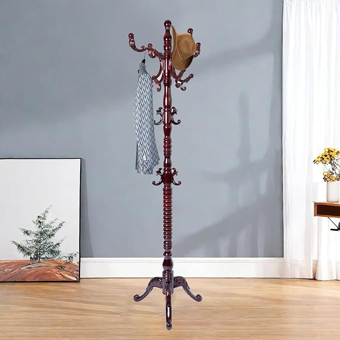 Solid Wood Coat Rack – 73" Freestanding Coat Racks Stand with 14 Hooks & Stable Base, Adjustable Height Modern Wooden Hall Tree for Entryway, Bedroom, Office, Home (Mahogany Triangle)