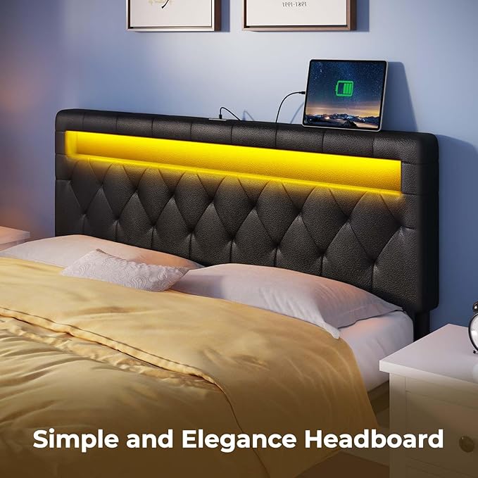 GREENSTELL Headboard for Queen Size Bed with 60,000 DIY color of LED Light, USB & Type C Post, Attach Frame, Height Adjustable, Black Wall Mounted Head Boards Only, Sturdy & Stable, Comfortable, Queen