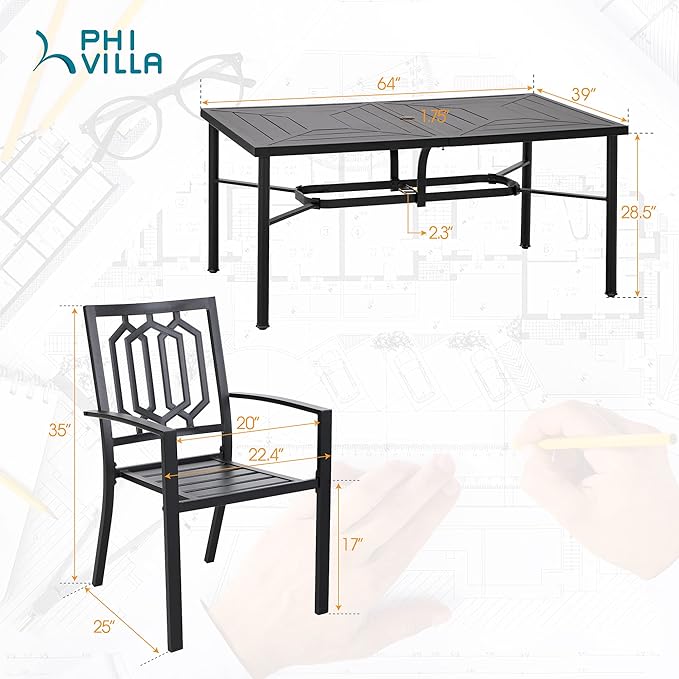 PHI VILLA 7-Piece Outdoor Dining Set, Rectangular Metal Table (64") with Umbrella Hole and 6 Stackable Dining Chairs – Perfect for Patio, Garden, Deck, Porch, and Yard, 7PCS Outdoor Dining Set Style 2