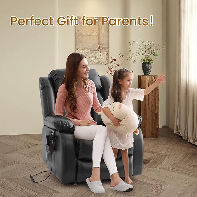 TEKAMON Power Lift Recliner Chair for Elderly with Heat & Massage, Dual Motor Breathable Leather Recliner, Lay Flat Sleeping Chairs with Infinite Position, RemoteControl (Black, Extended)