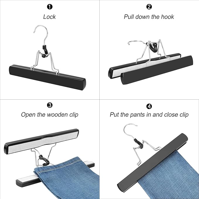 TOPIA HANGER 24 Pack Wooden Pants Hangers, Hair Extension Hangers Non Slip Skirt Hanger Wood Clamp with Velvet Padded 360° Swivel Hook for Jeans, Skirts, Trousers, Wigs Black CT68B