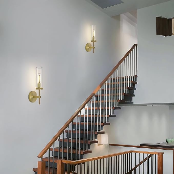 Knurled Brass Wall Sconces Indoors, Glass Tube Sconces Wall Lighting 14", Gold Bathroom Vanity Wall Sconces, Wall Lights For Living Room Bedroom Hallway Kitchen Bathroom Mirror(Including Bulb)