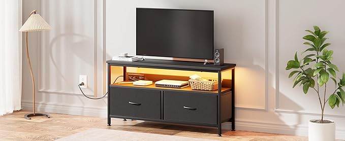 39" Dresser TV Stand for TVs up to 50", Media Console with LED Lights, Charging Station & 2 Drawer Storage Chest, Gaming Entertainment Center with Storage for Bedroom (Black, 39 in)