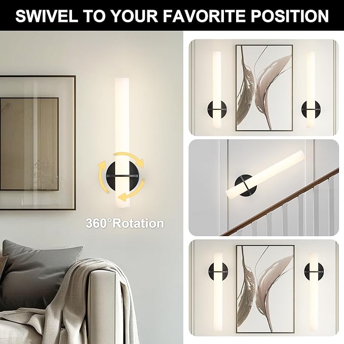 Black Battery Operated Wall Sconce Set of 2,Rechargeable Wireless Wall Lights with Remote Control,Dimmable,3000K-6000K,360° Rotation, Cordless Wall Lighting for Living Room,Bedroom,Stairway,18 Inch