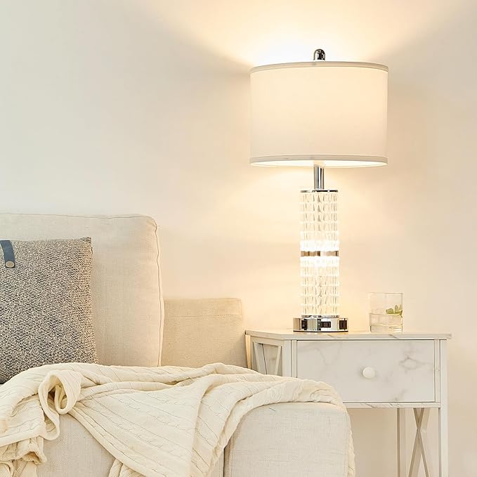 Crystal Table Lamp, Modern Touch Lamp with Nightlight, 3-Way Dimmable Bedroom Lamp with 2 USB Ports & AC Outlets for Living Room Bedside Nightstand Lamp