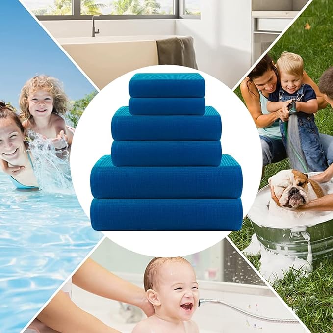 CASA COPENHAGEN Waffle Towel, 6Pieces 100% Cotton Large Towel Set- Electric Blue, 2Bath 2Hand 2Washcloths Instant Absorb and Dry, Soft Strong Towels for Hotel Spa Kitchen Bathroom & Shower
