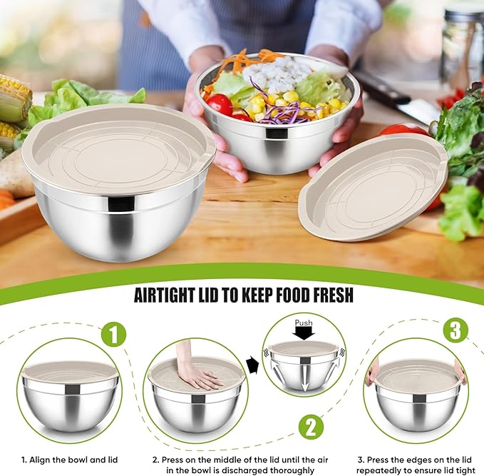 P&P CHEF Khaki Mixing Bowls with Lids, Set of 3, Stainless Steel Salad Nesting Bowl for Mixing, Storing, Prepping, Airtight & Stackable, Size 4.6/3 /1.5 QT
