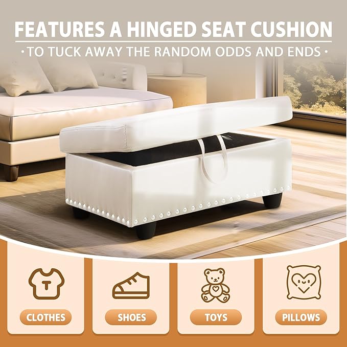 Ottoman Rectangular Storage Ottoman Bench, Faux Leather Footrest, Coffee Table, Stool Footstool with Hinged Lid for Living Room, Bedroom, Entryway, White, 28.5"x19"x17.5"