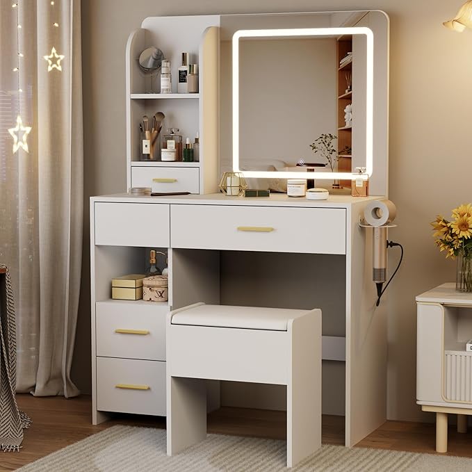 Vanity Desk with Mirror and Lights, 3 Lighting Colors and Power Outlet Makeup Vanity Desk with 5 Large Drawers and 3 Storage Shelves, White Vanity with Storage Stool for Bedroom