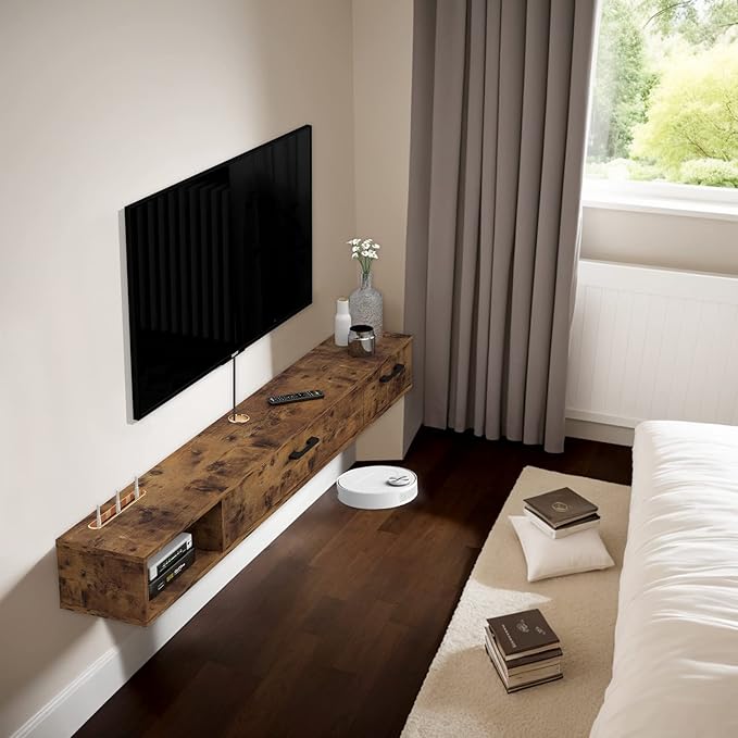 Pmnianhua Farmhouse Floating TV Stand with 2 Doors,66'' Under TV Shelf Floating,Wall Mounted TV Shelf,Rustic Floating TV Console for Under TV(Rustic Brown)